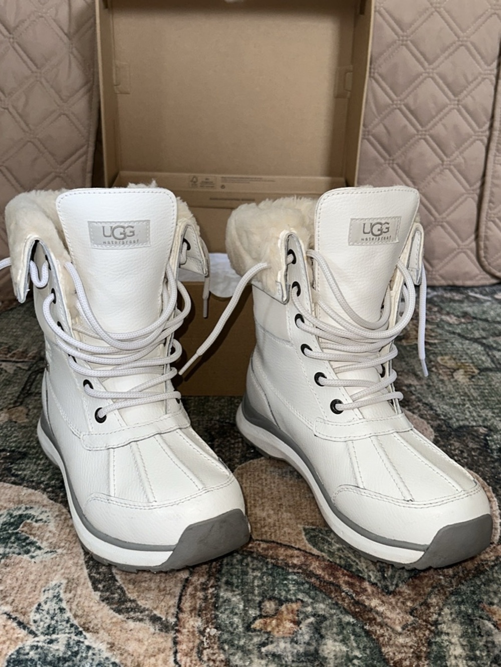 UGG White Leather Lace-Up Shearling-Trim Winter Boots